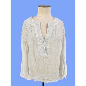 Worth 100% Linen Peasant Top Boho Coastal Sheer Beach Popover Embroidered Large